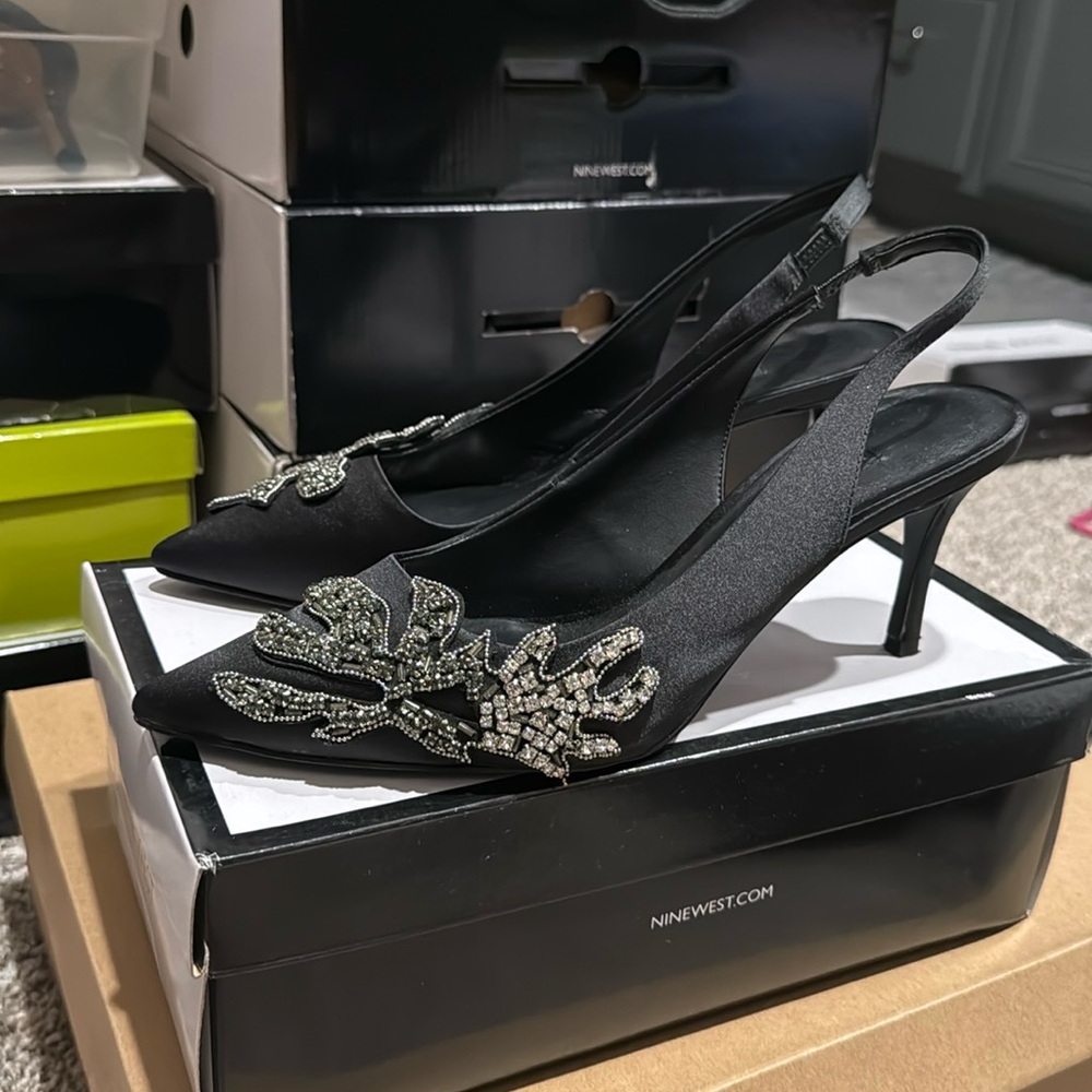 Black Satin with embellishments Nine West sling back. Size 10